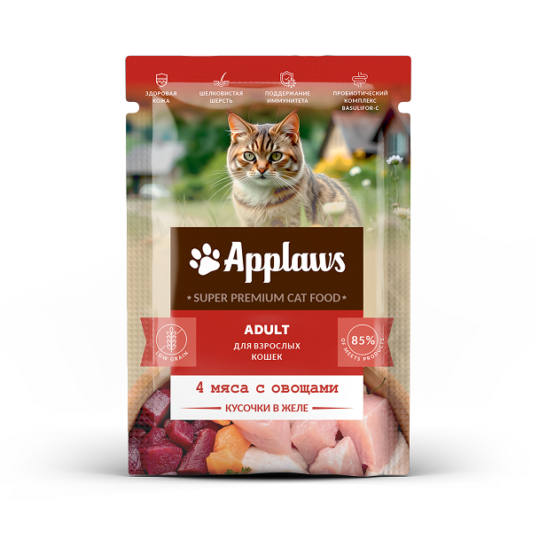 Applaws Adult для взрослых кошек, кусочки в желе “4 мяса с овощами” (упаковка 24 шт)